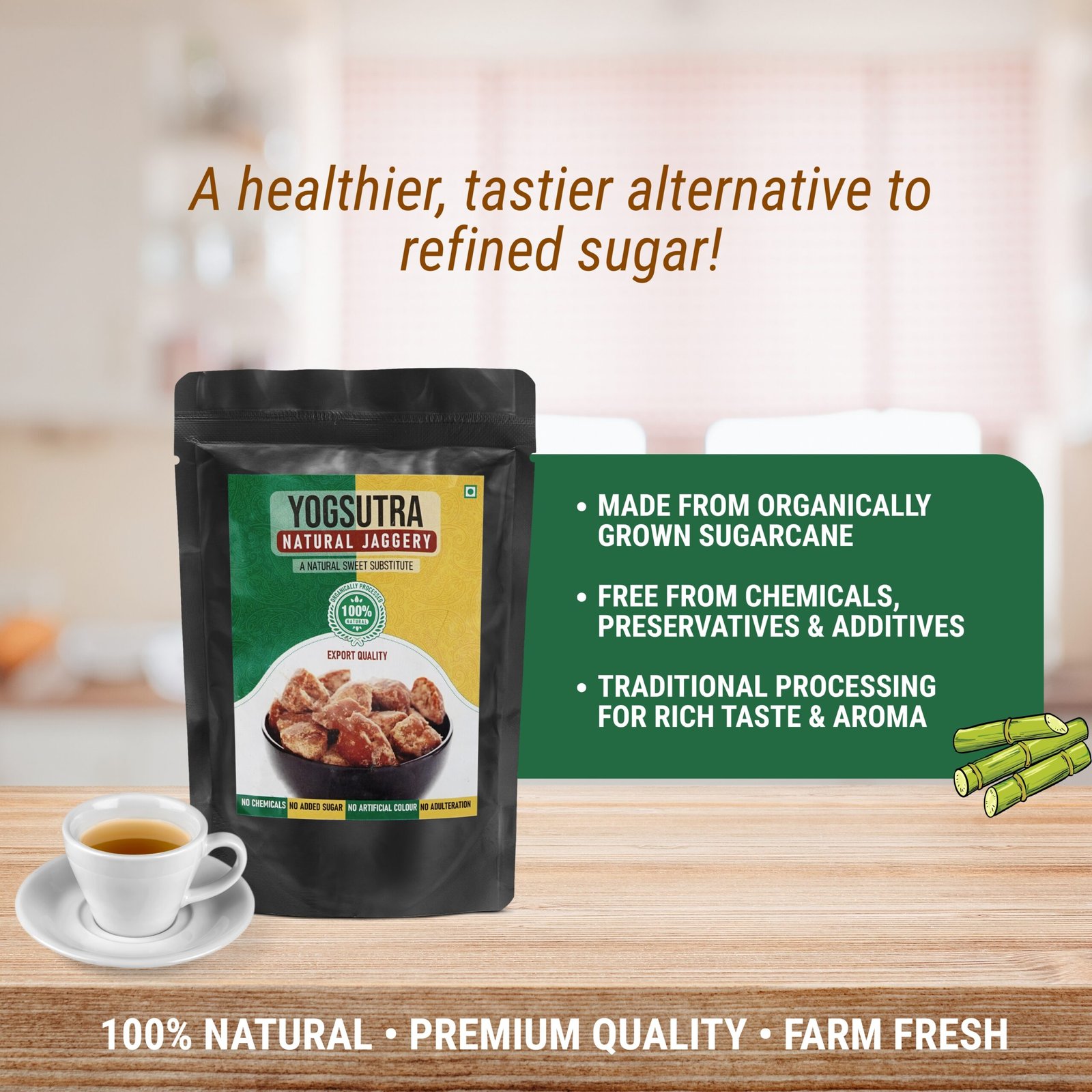 Yogsutra Organic Jaggery Crystals, 500g | 100% Natural, Unrefined & Chemical-Free Sugarcane Gur | Granulated Sugar Substitute | Rich in Iron & Minerals - Image 2