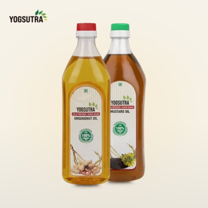Yogsutra Daily Tadka Duo combo with cold-pressed groundnut oil 1L and mustard oil 1L bottles side by side