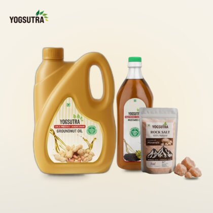 Yogsutra Family Value Pack with a 5L cold-pressed groundnut oil jar, 1L mustard oil bottle and 1kg Himalayan pink salt