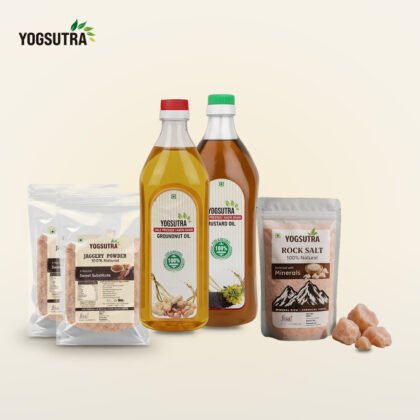 Yogsutra Kitchen Starter Kit with natural jaggery powder 1kg, cold-pressed groundnut oil 1L, mustard oil 1L and Himalayan pink salt 1kg